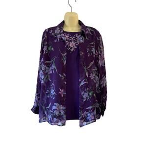 Bon Worth Vintage 2Piece Blouse Women's Medium Purple Floral Print Chiffon